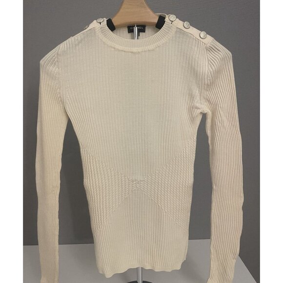 Chanel Cream Ribbed Knit Sweater With Button Shoulder Detail & Textured Design - Picture 1 of 15